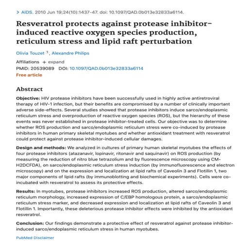 Resveratrol protects against protease inhibitor