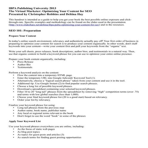 IBPA PubU: Optimizing Your Content for SEO HANDOUT