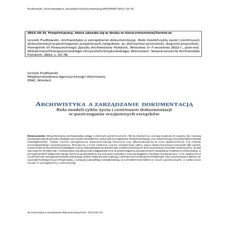 Pudłowski, archiwistyka a zarzadzanie dokumentacją preprint 2013 10-31