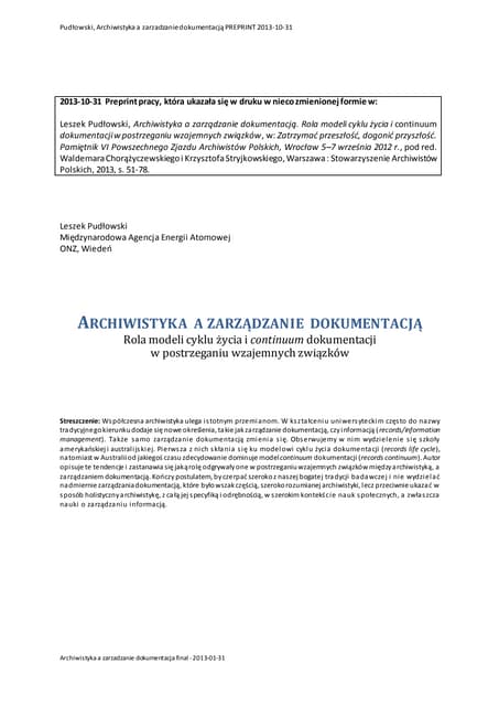 Pudłowski, archiwistyka a zarzadzanie dokumentacją preprint 2013 10-31