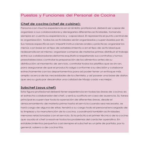 Puestos y funciones del personal de cocina