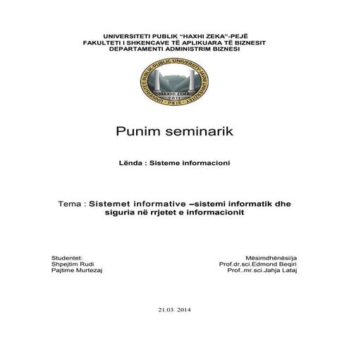Punim seminarik sistemet informative –sistemi informatik dhe siguria në rrjet...