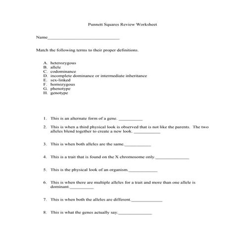 Punnett Squares Review Worksheet