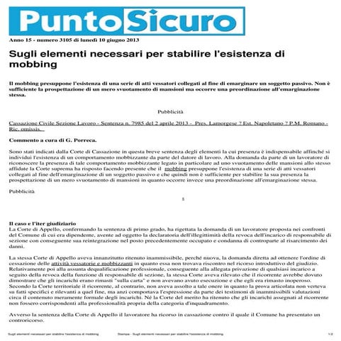 Puntosicuro - Sugli elementi necessari per stabilire l'esistenza del mobbing