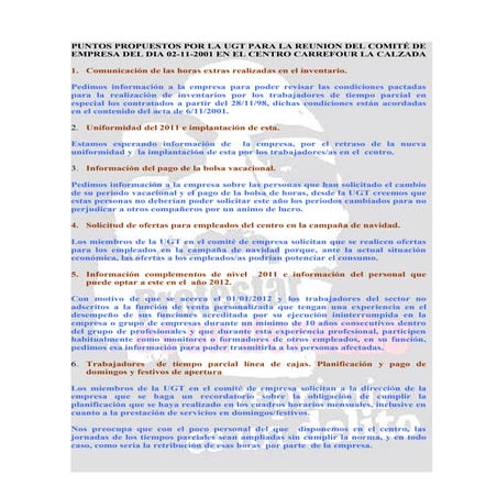 Puntos propuestos por la ugt para la reunion del comité de empresa del dia 02