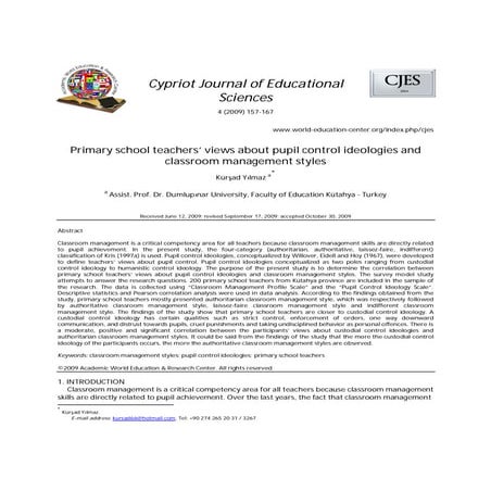 Primary school teachers’ views about pupil control ideologies and classroom m...