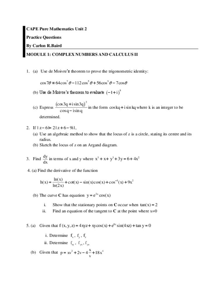 Cape Pure Mathematics Unit 2 Module 1 Practice Questions