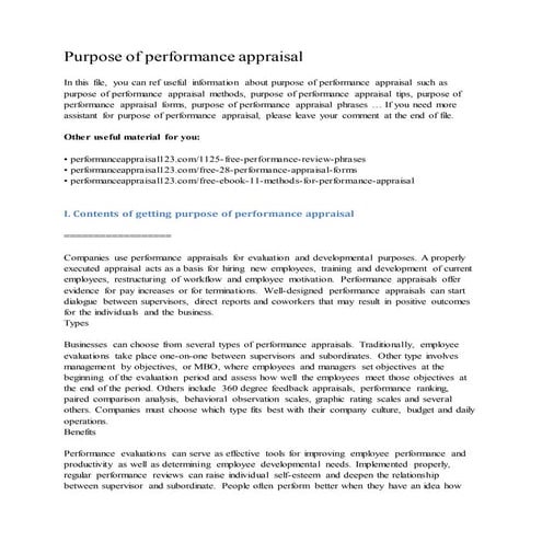 Purpose of performance appraisal