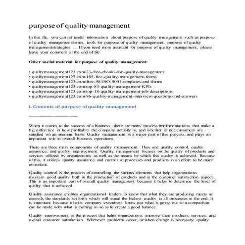 Purpose of quality management