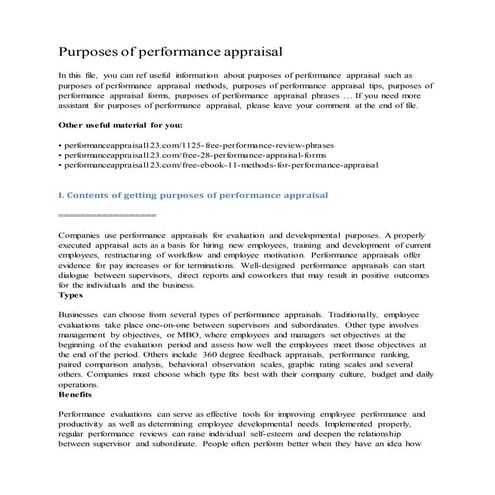 Purposes of performance appraisal