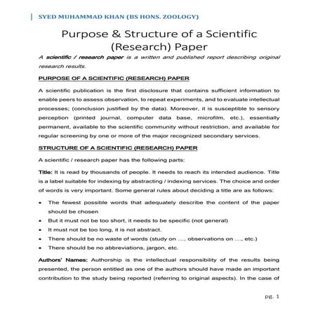 Purpose & Structure of a Scientific (Research) Paper