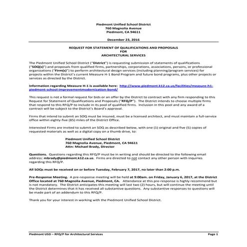 PUSD Measure H1 Architect Services RFP/SQ