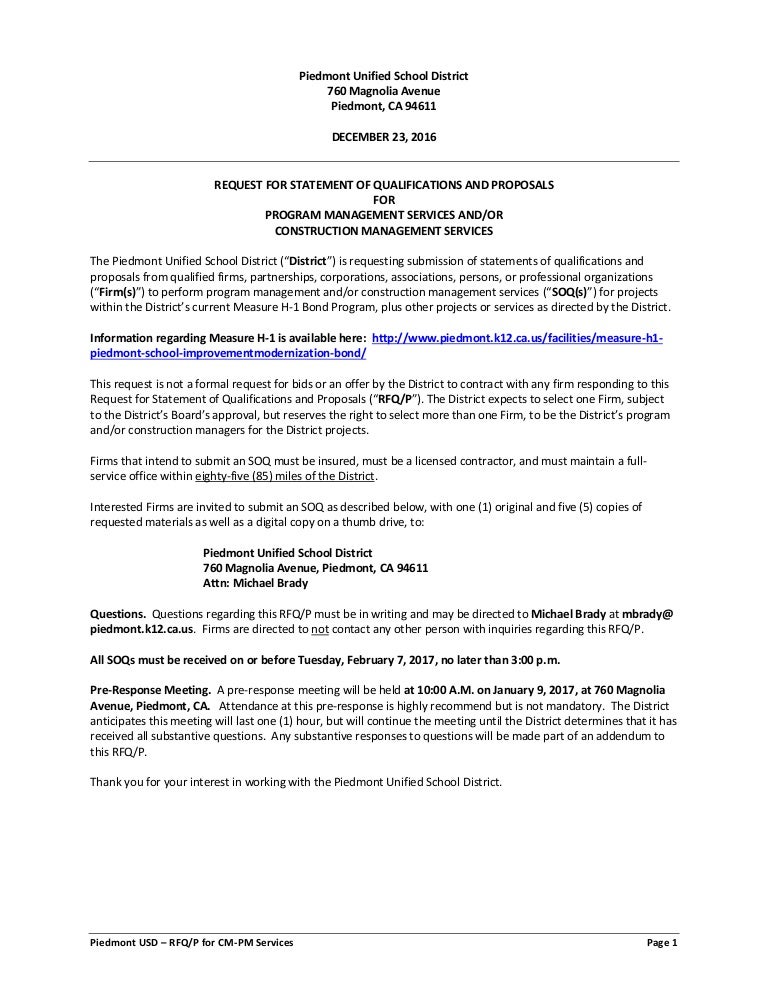 PUSD Measure H1 Program Management RFP/SQ