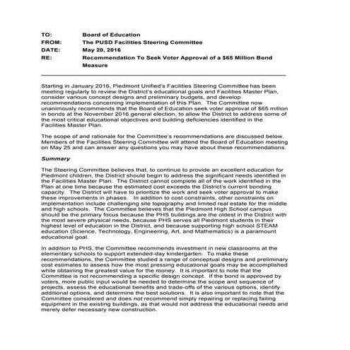 PUSD Facilities Steering Committee Recommendations
