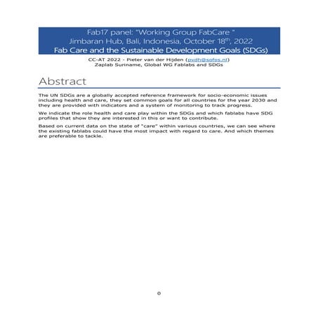 Fab Care and the Sustainable Development Goals (SDGs); Pieter van der Hijden