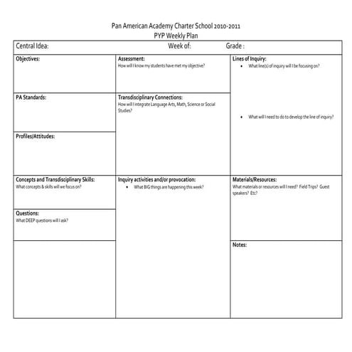 Pyp weekly plan5th grade
