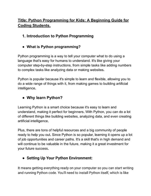 Python Programming for Kids: A Beginning Guide for Coding Students. | PDF