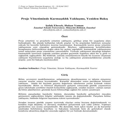 Proje Yönetiminde Karmaşıklık Yaklaşımı, Yeniden Bakış, PYYK 2012