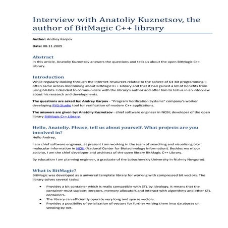 Interview with Anatoliy Kuznetsov, the author of BitMagic C++ library