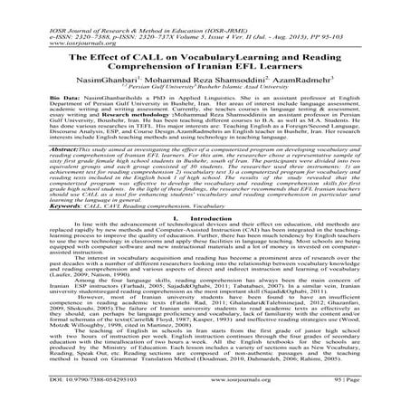 The Effect of CALL on VocabularyLearning and Reading Comprehension of Iranian...