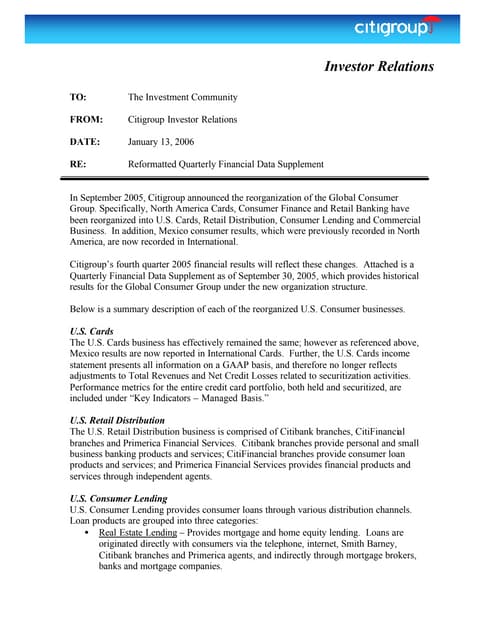 citigroup  January 13, 2006 - Reformatted Quarterly Financial Data Supplement...