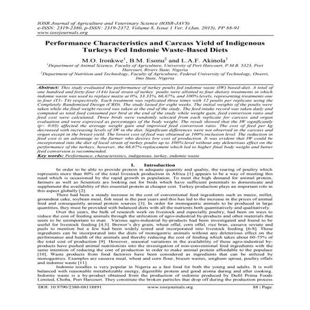 Performance Characteristics and Carcass Yield of Indigenous Turkeys Fed Indom...