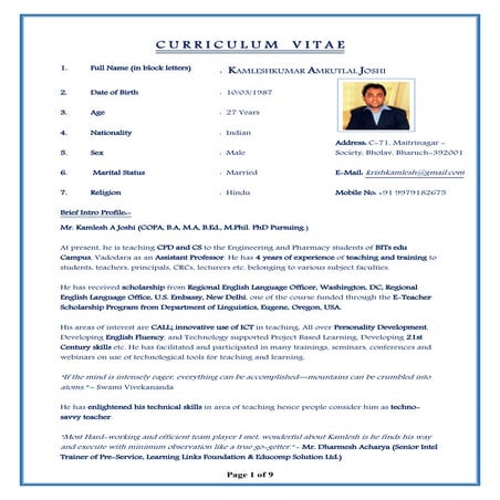 Curriculum Vitae Example of Kamlesh Joshi