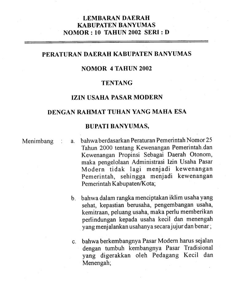 Peraturan Daerah Nomor 4 Tahun 2002 Tentang Izin Usaha Pasar Modern