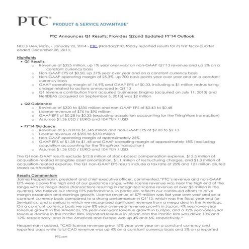 PTC Announces Q1 Results; Provides Q2 and Updated FY’14 Outlook
