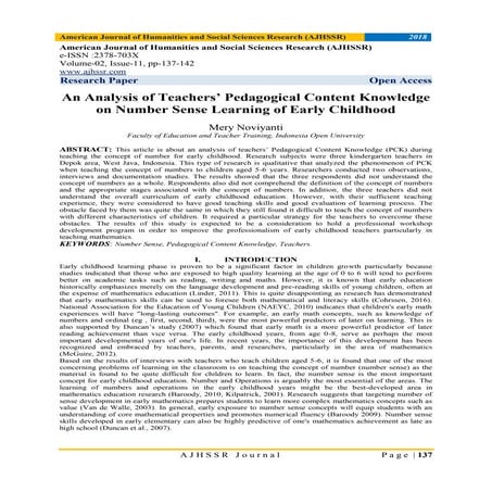 An Analysis of Teachers’ Pedagogical Content Knowledge on Number Sense ...