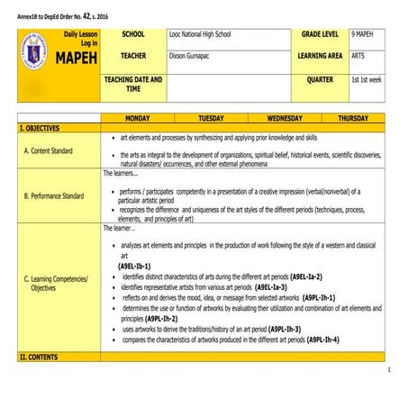 DAILY LESSON LOG IN MAPEH ARTS DEPARTMENT OF EDUCATION | PDF