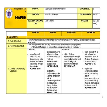 Q1 grade 9 music dll week 1