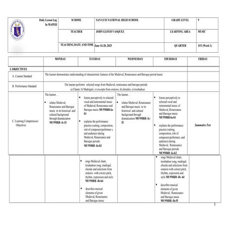 DAILY LESSON LOG IN MAPEH 9 1ST _QUARTER