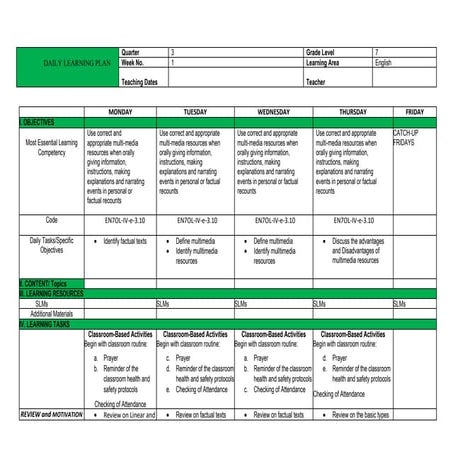 LESSON PLAN ON  ENGLISH 7 QUARTER 3 WEEK 1
