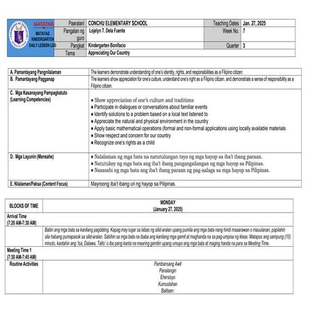 QUARTER 3 WEEK 7 DAY 1 KINDERGERTEN LESSON PLAN