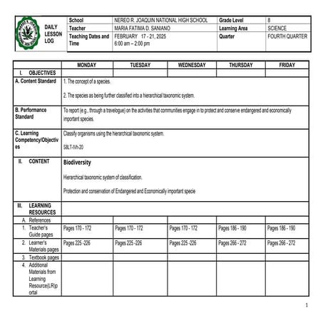 Quarter 4 week 2 daily lesson log for science grade 7 | DOC