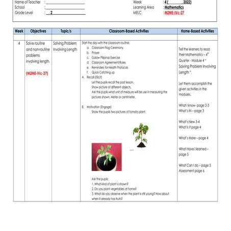 Weekly learning plan in grade 2 in all subjects | DOC