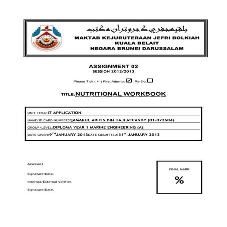 Nutritional Spreadsheet Report ( IT APPLICATION )