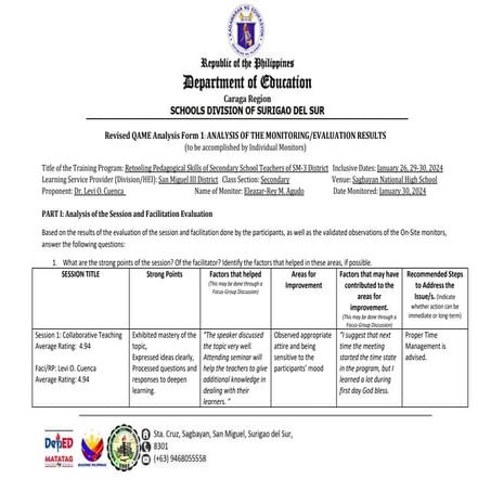 Quality Assurance Monitoring and Evaluation Form 1