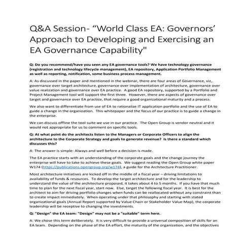 Responses to Questions on the Webinar World class EA - Governor's Approach to...