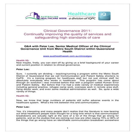 Q&A Peter Lee on clinical governance, the culture of institutes and how to ch...