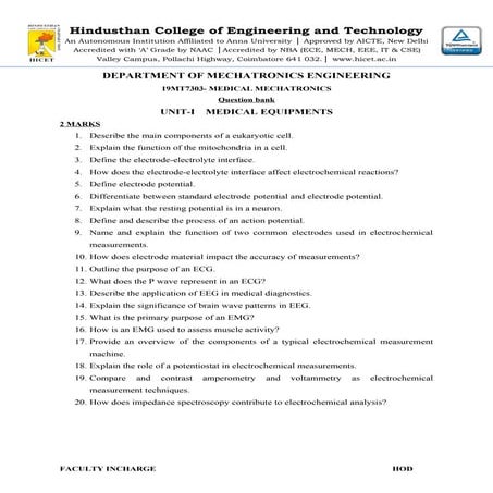 Medical Mechatronics question bank for engineering students