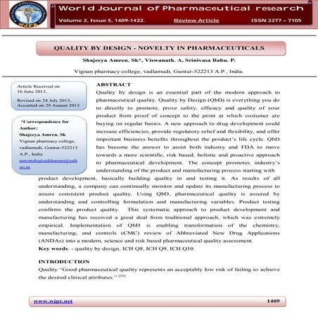 Quality by Design - Novelty in pharmaceuticals 