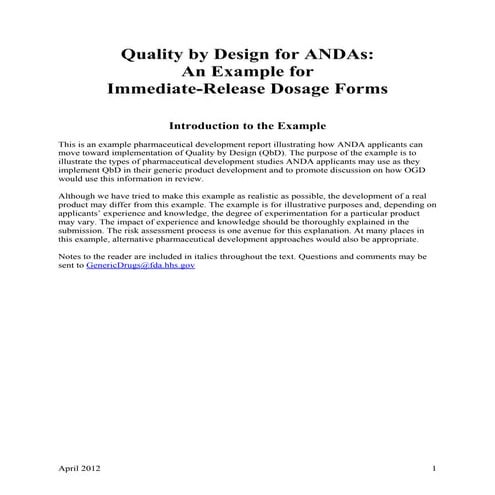 QbD IR Tablets - FDA Example