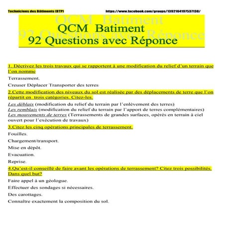 92 questions avec réponses - QCM Bâtiment - | PDF