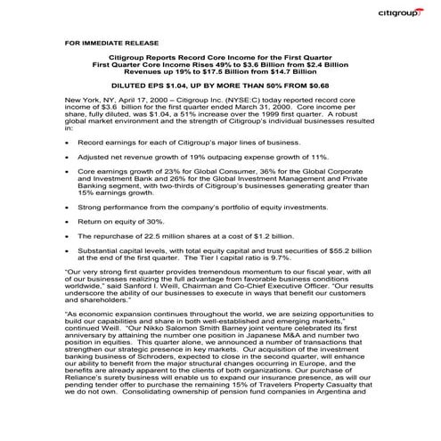 citigroup April 17, 2000 - First Quarter Press Release