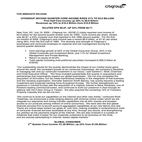 citigroup  July 19, 2000 - Second Quarter Press Release