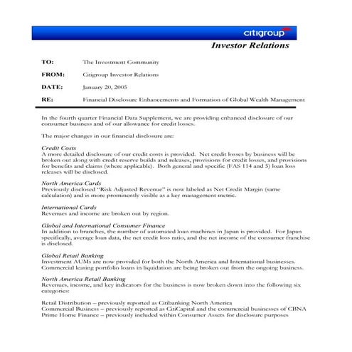 citigroup January 20, 2005 - Fourth Quarter  Financial Supplement