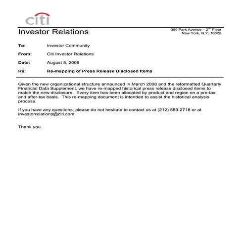 citigroup August 5, 2008 - Re-Mapping of Press Release Disclosed Items Explan...