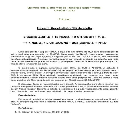 Química dos Elementos de Transição Experimental - Experimento I - Heranitrito...